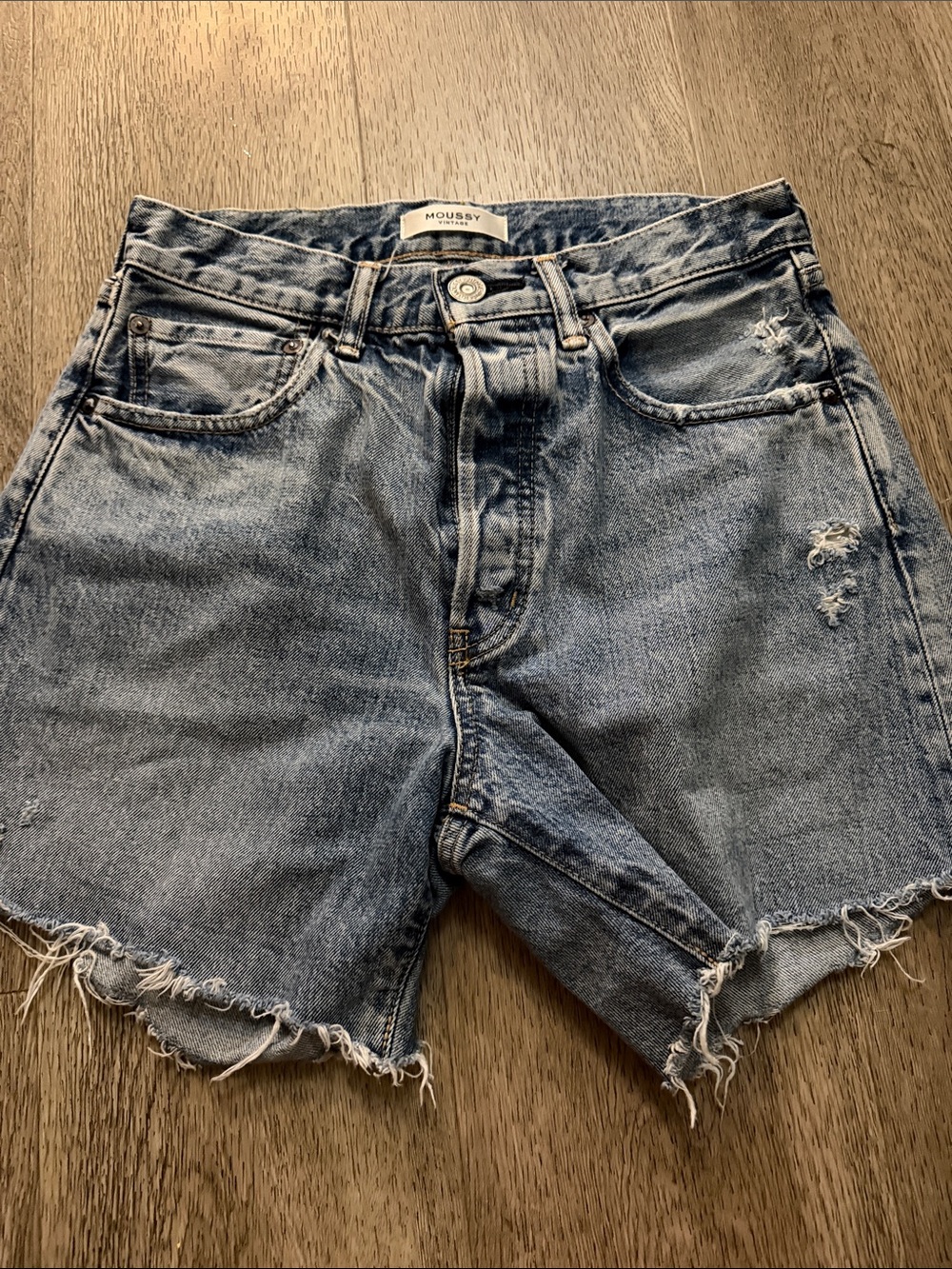 Moussy Washed Light Blue High-Rise Distressed Denim Shorts